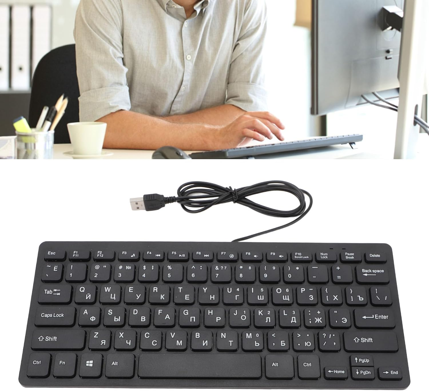 Ultra Slim Russian/Arabic English Bilingual Language Keyboard, 78 Key USB Wired with Scissor Switches, Plug and Play for Desktop PC (Russian) image number 3