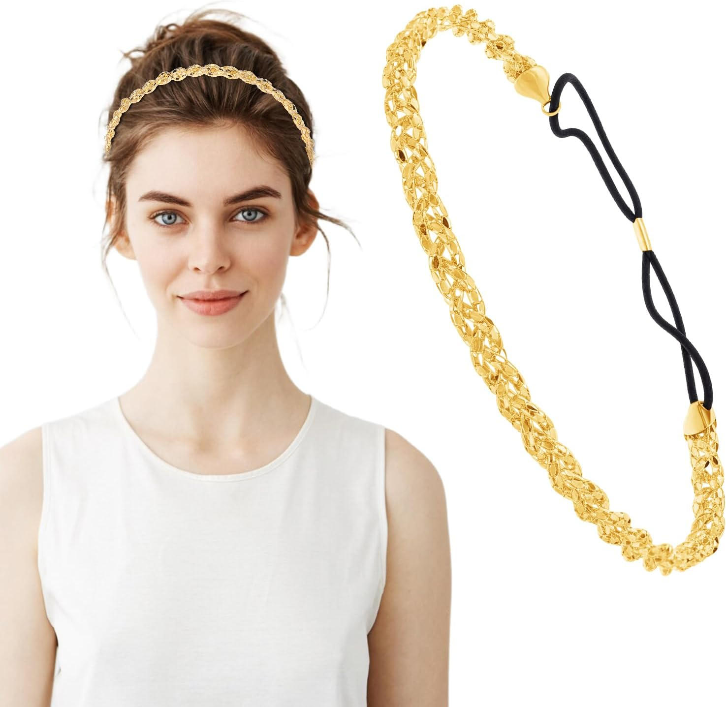 Gold Headband, Sparkly Elastic Metal Headband for Women Fashion Wedding Headpiece Jewelry Hair Accessories for Festival Prom Party image number 6