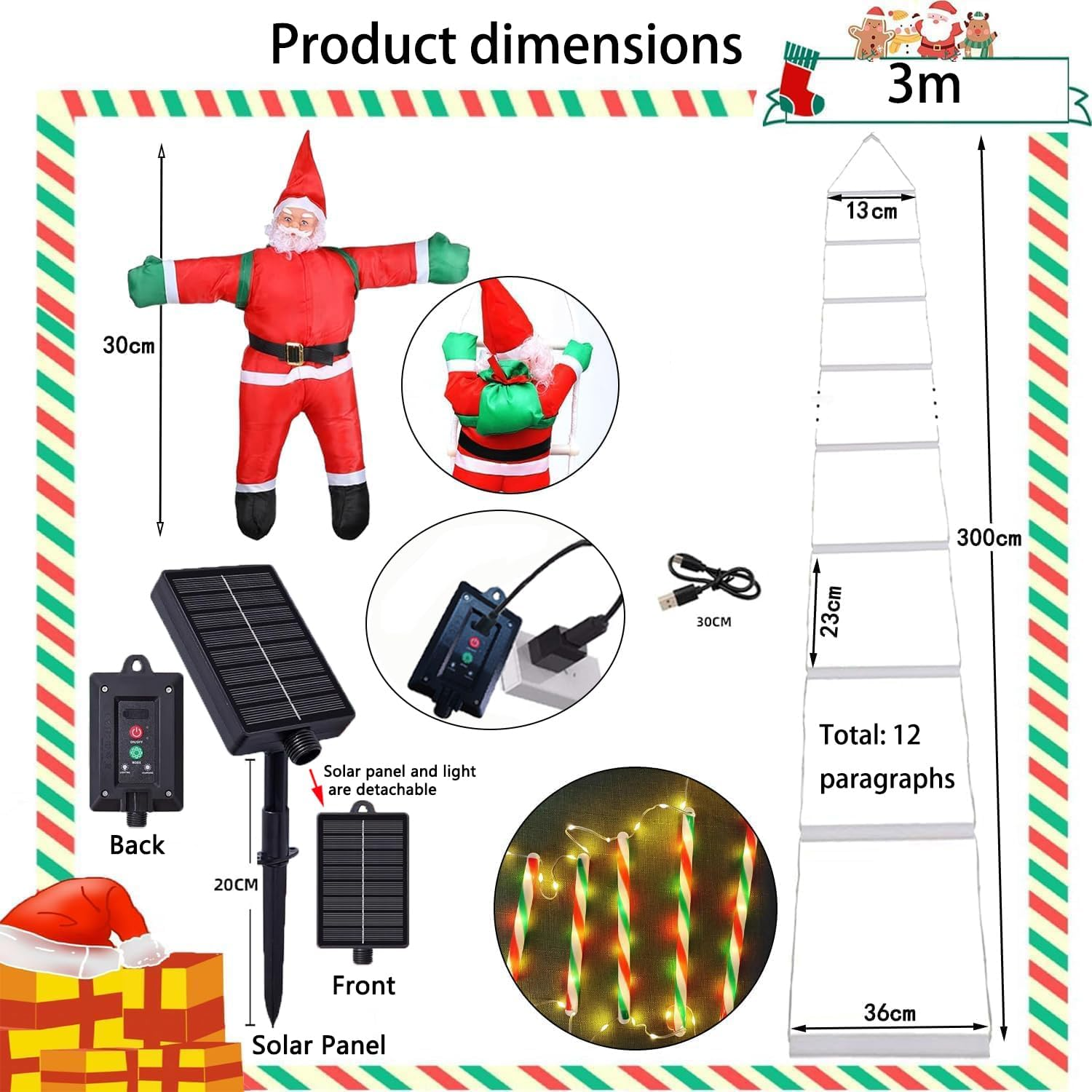 Christmas Decorations Outdoor，Led Christmas Lights 3M USB Solar Christmas Decor Ladder Lights with Santa Claus, Christmas Decorations Lights for Indoor Outdoor, Window, Garden, Wall (Colorful)