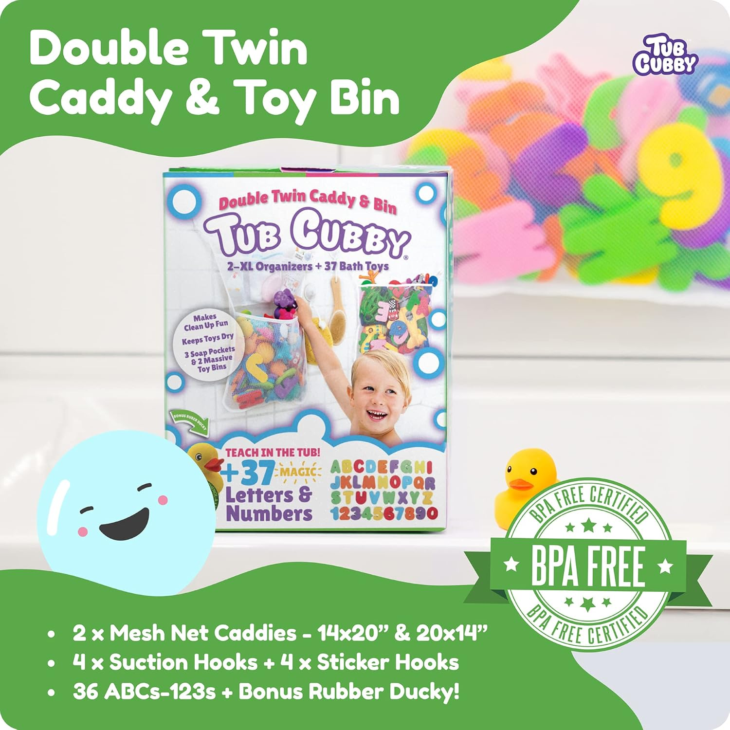 Original Tub Cubby Bath Toy Storage (2 -Pack) for Baby Bath Toys, Hanging Bath Toy Holder with Suction & Adhesive Hooks, 14X20" Mesh Net Shower Caddy for Bathtub Toys, 36 Soft Foam Letters & Numbers image number 1