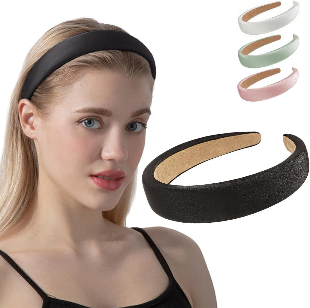 1.2 Inch Wide Solid Colors Padded Headband with No Teeth Hair Bands Non Slip Fashion DIY Satin Sponge Head Band for Women and Girls(Green)