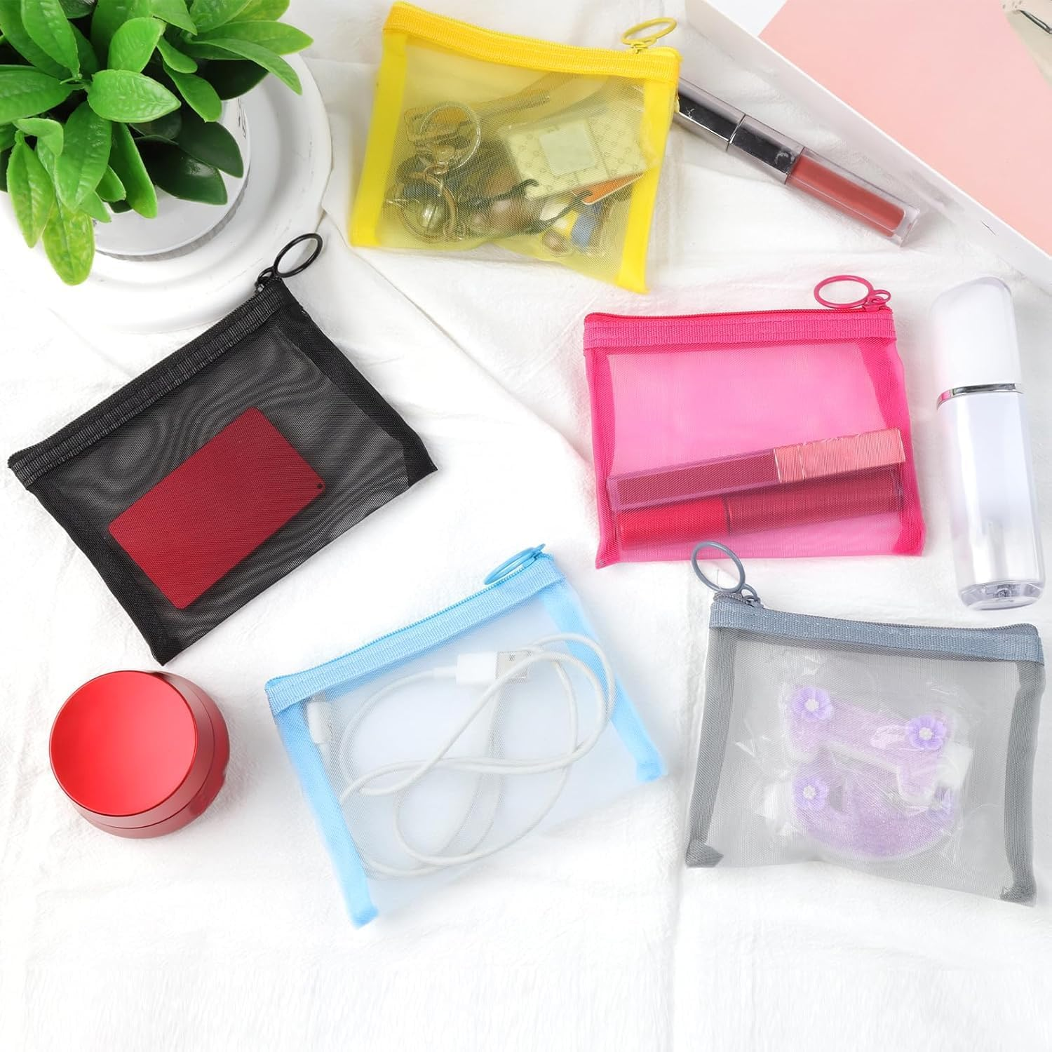 5 Pack Mini Zipper Mesh Bags, Portable Travel Cosmetic Pouch Kit Beauty Accessories Holder Bag Storage Coin Purse for Small Items Key (5-Color) image number 6
