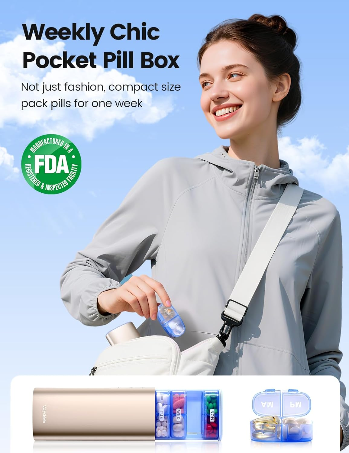 Vaydeer Large Weekly Pill Organizer 2 Times a Day,Metal 7 Day Travel Pill Box with Double Protection,Am PM Pill Case for for Medication, Vitamins, Fish Oils, Supplements(Champagne Gold) image number 2