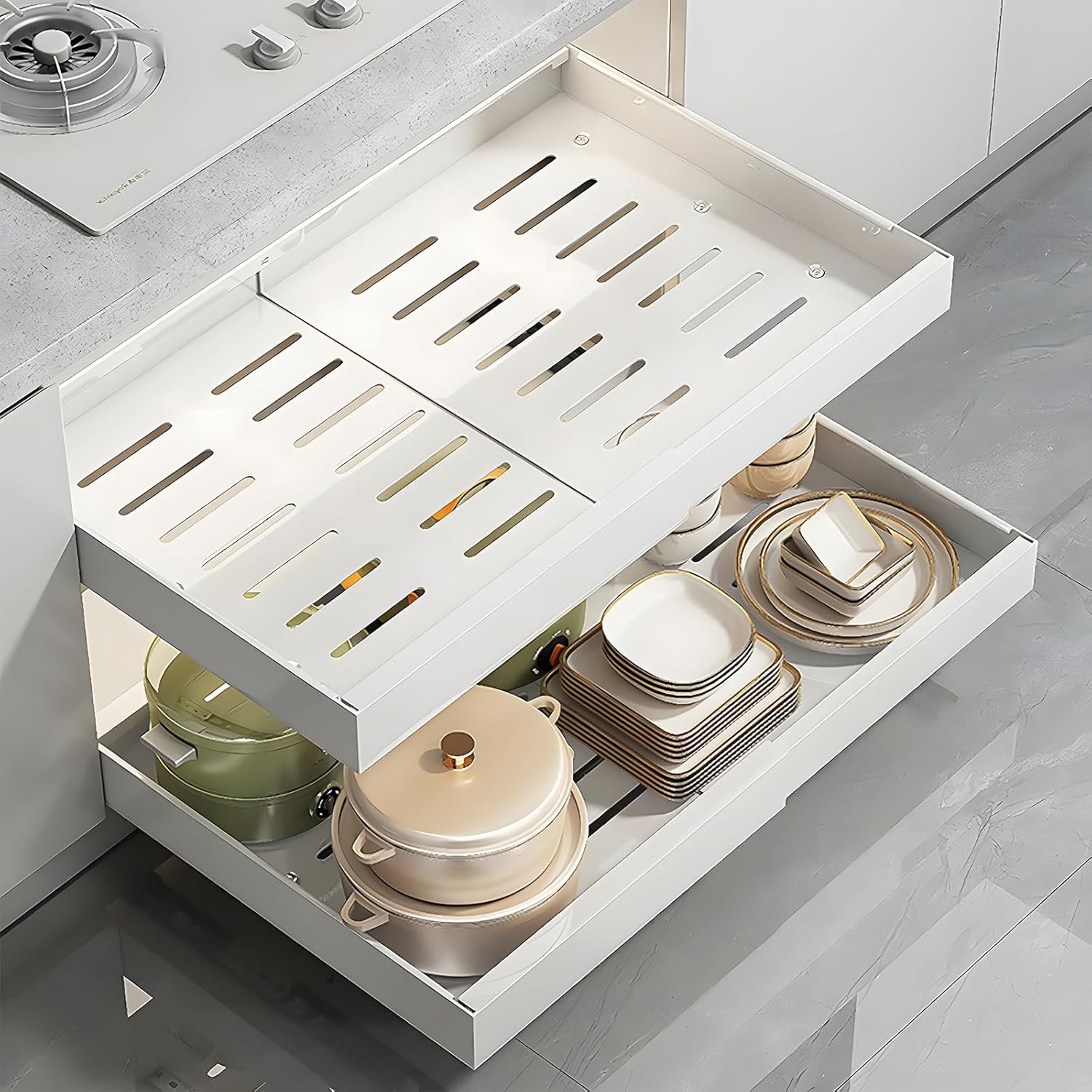 Pull Out Cabinet Organizer, Expandable Heavy Duty Slide Out Drawers Fixed with Adhesive Nano Film, Roll Out Shelf Storage for Kitchen Base Cabinet Organization,Pantry,Bathroom, Black 1Pcs(17.1"-26.7")