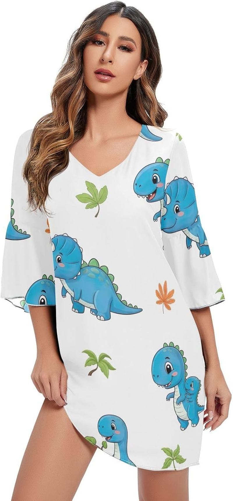 Cute Blue Cartoon Dinosaurs Chiffon Dress Printed Maternity Dress Party image number 4