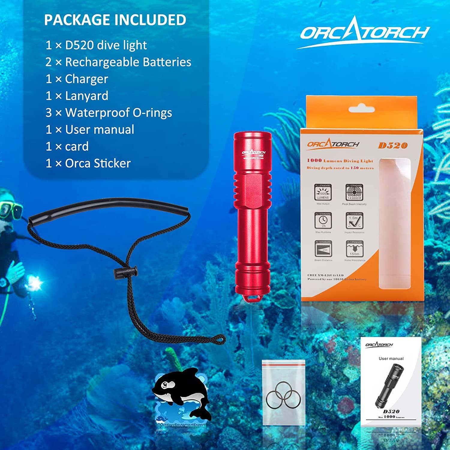 ORCATORCH D520 Scuba Dive Light 1000 Lumens Compact Diving Flashlight IP68 Waterproof Night Dive Torch Submarine Diving Lights with Rotary Switch for Underwater 150 Meters Deep Sea Diving (Red) image number 4
