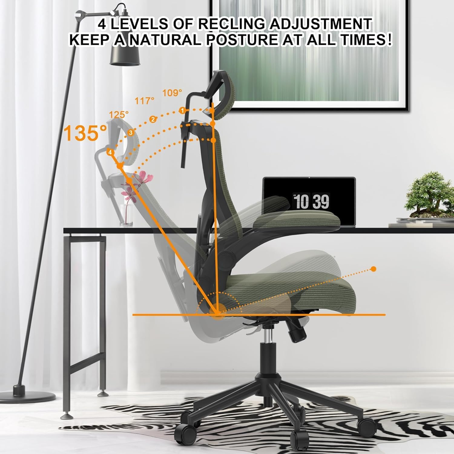 , Ergonomic Mesh Desk Chair, High Back Computer Chair- Adjustable Headrest with Flip-Up Arms, Lumbar Support, Swivel Executive Task Chair (Modern, Hunter Green) - Beige image number 3