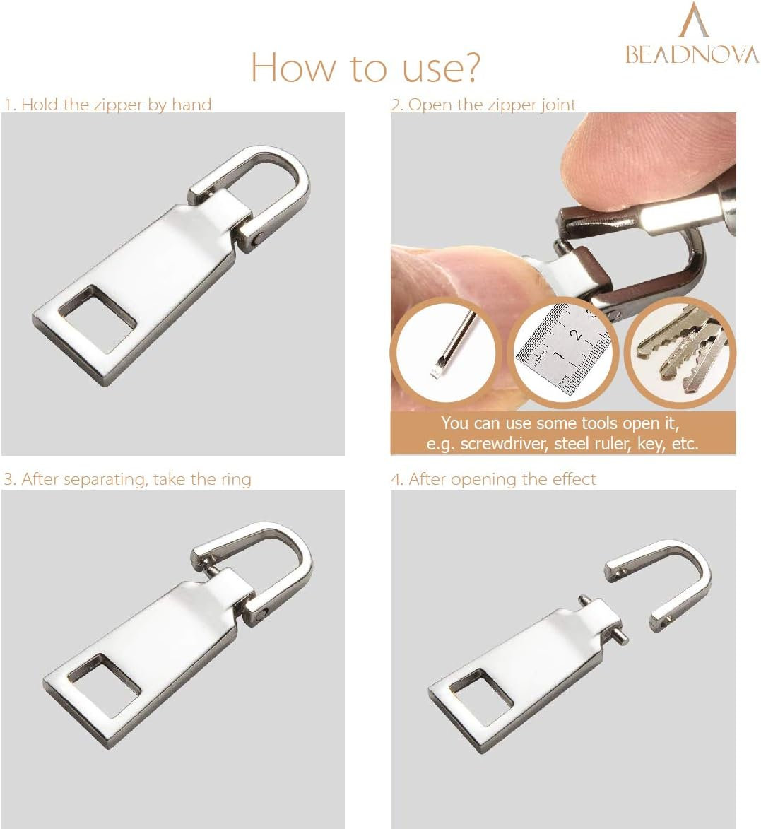 BEADNOVA Zipper Pull Replacement Metal Zipper Pull Repair Zipper Pull Tab for Luggage Suitcase Backpack Jacket Bags Coat Boots (Gun Black and Silver Color Assorted, Size 3 and 5, 8 Piece) - Gold-8P image number 2