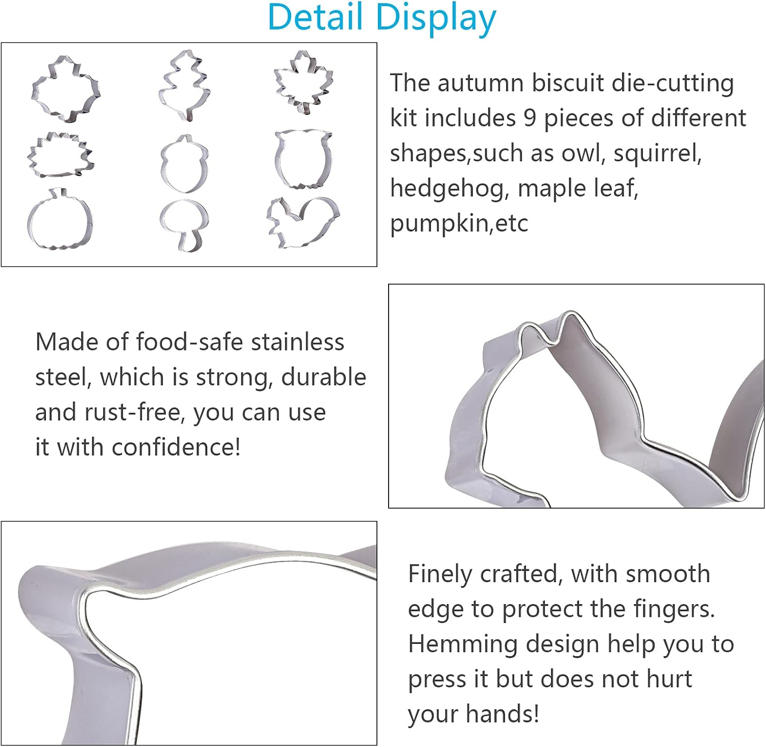 9Pcs Autumn Cookie Cutters, Thanksgiving Stainless Steel Cookie Cutter with Pumpkin Squirrel Hedgehog Mushroom Maple Leaf Pine Cone for Baking Fondant