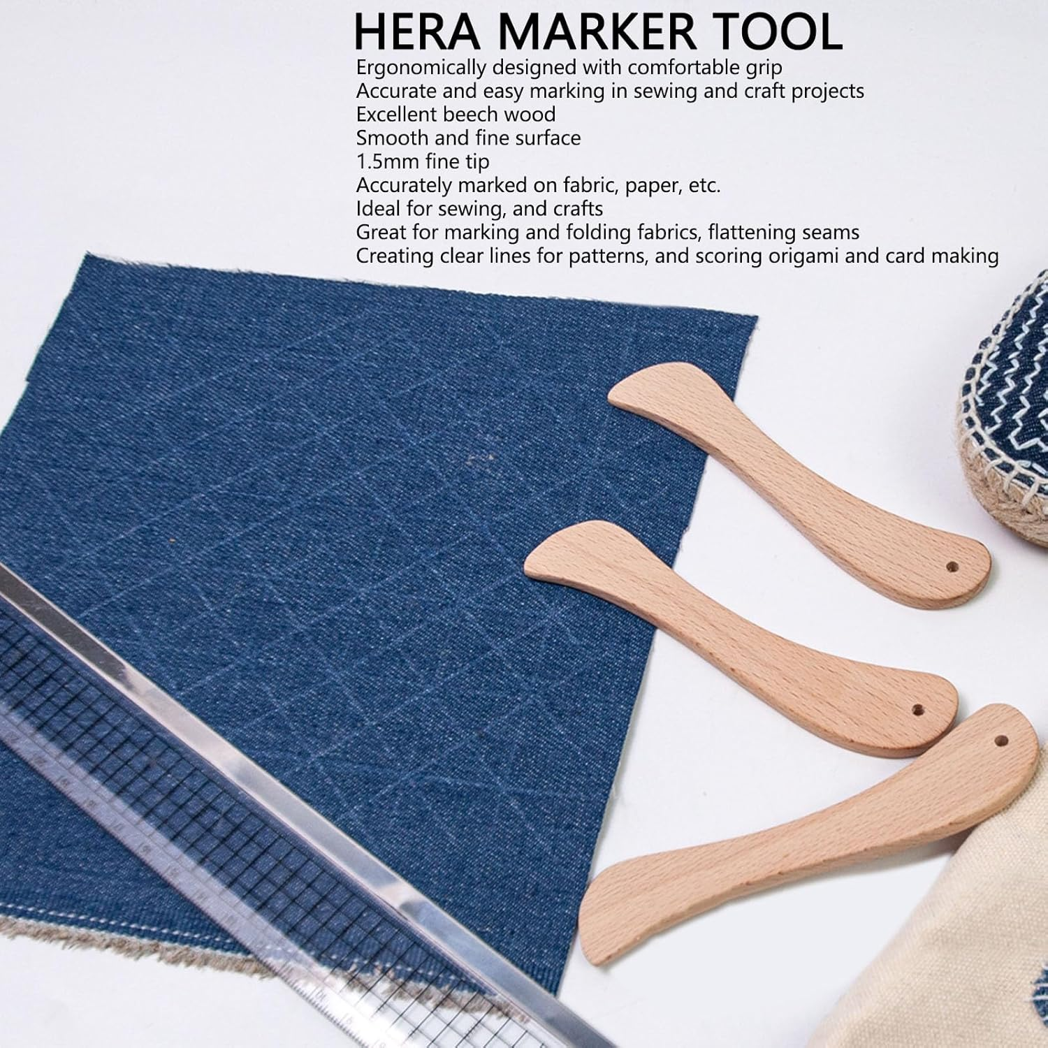 2Pcs Hera Marker Tool for Traditional Sewing Patterning, Sewing and Craft Projects, Hera Marker Pen with 1.5Mm Fine Tip, Japanese Wooden Quilting Beech Wood Bone, Comfortable Grip image number 3