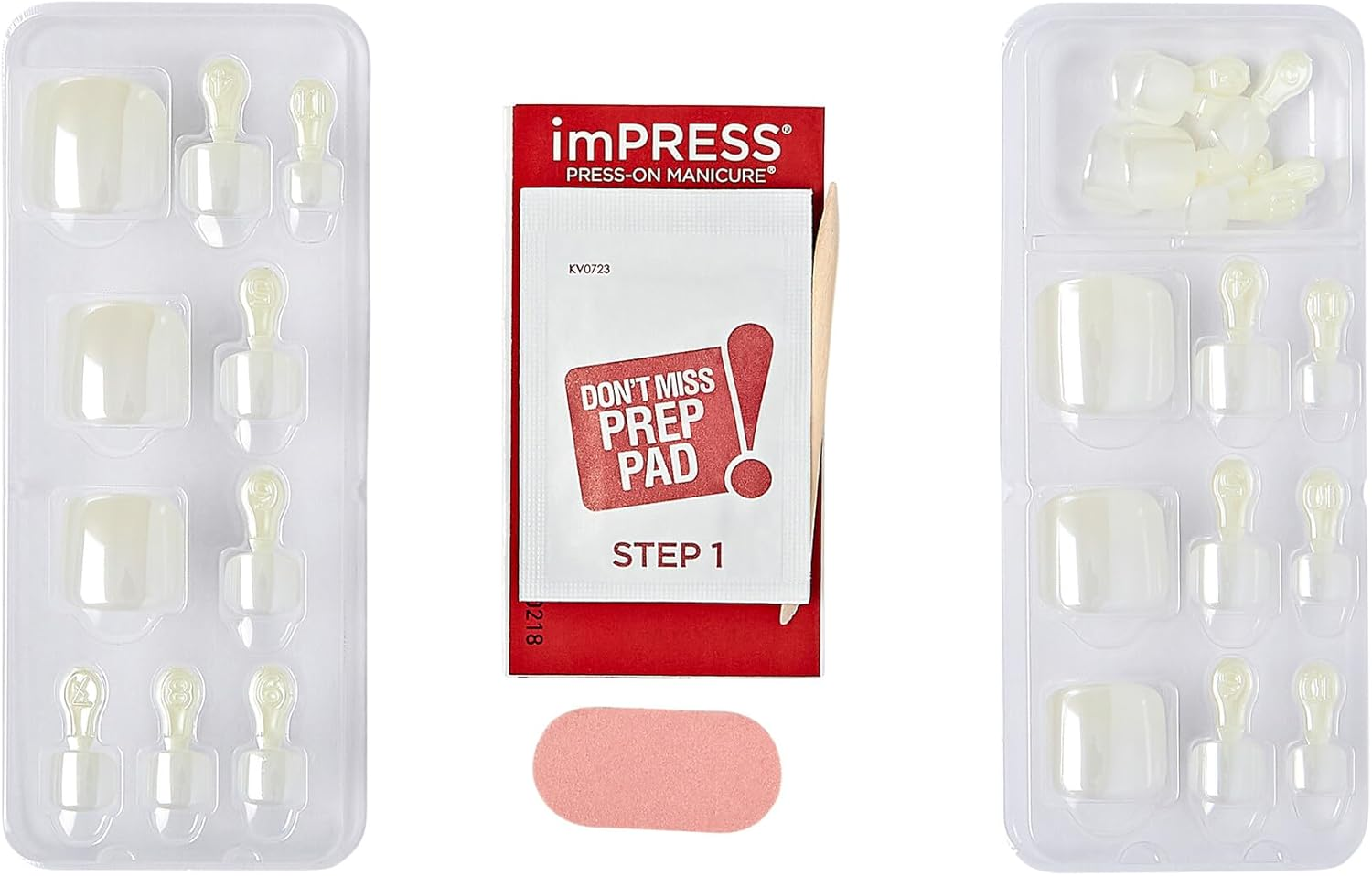 Impress Kiss No Glue Pedi Press-On Toenails, White Nails with Pearl, Squoval Shape, Includes 24 Nails, Prep Pad, 1 Manicure Stick, 1 Mini File image number 3