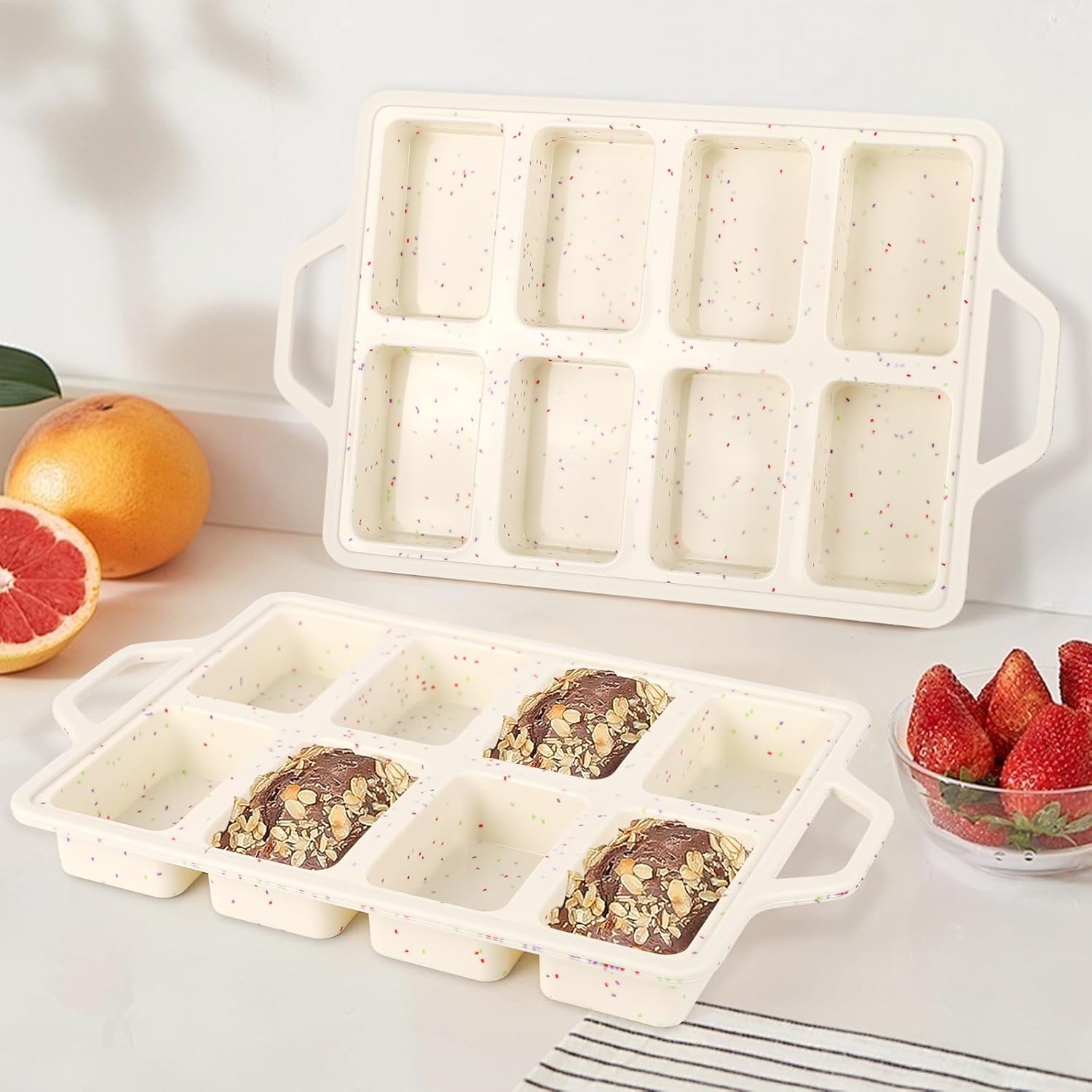 Silicone Mini Loaf Pans with Metal Reinforced Frame-2 Pack, Non-Stick Silicone Bread Pan for Baking 8-Cavity, Tiny Banana Bread Set, Dishwasher Safe Brownie Pan-Cream image number 5