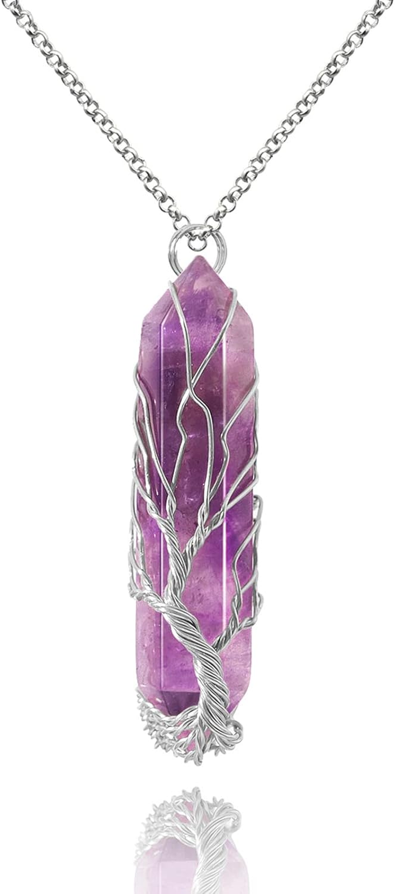 VIBILIA Healing Crystal Necklace Tree of Life Wire Wrapped Natural Stone Point Pendant Necklace Hexagonal Reiki Spiritual Quartz Gemstone Jewelry for Women Men
