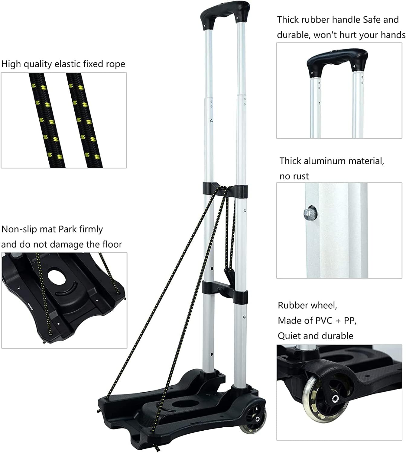 Small Folding Hand Truck Dolly with 2 Wheels, Platform Cart with Black & 2 Elastic Ropes for Luggage, Travel, Moving, Shopping, Office Use image number 3