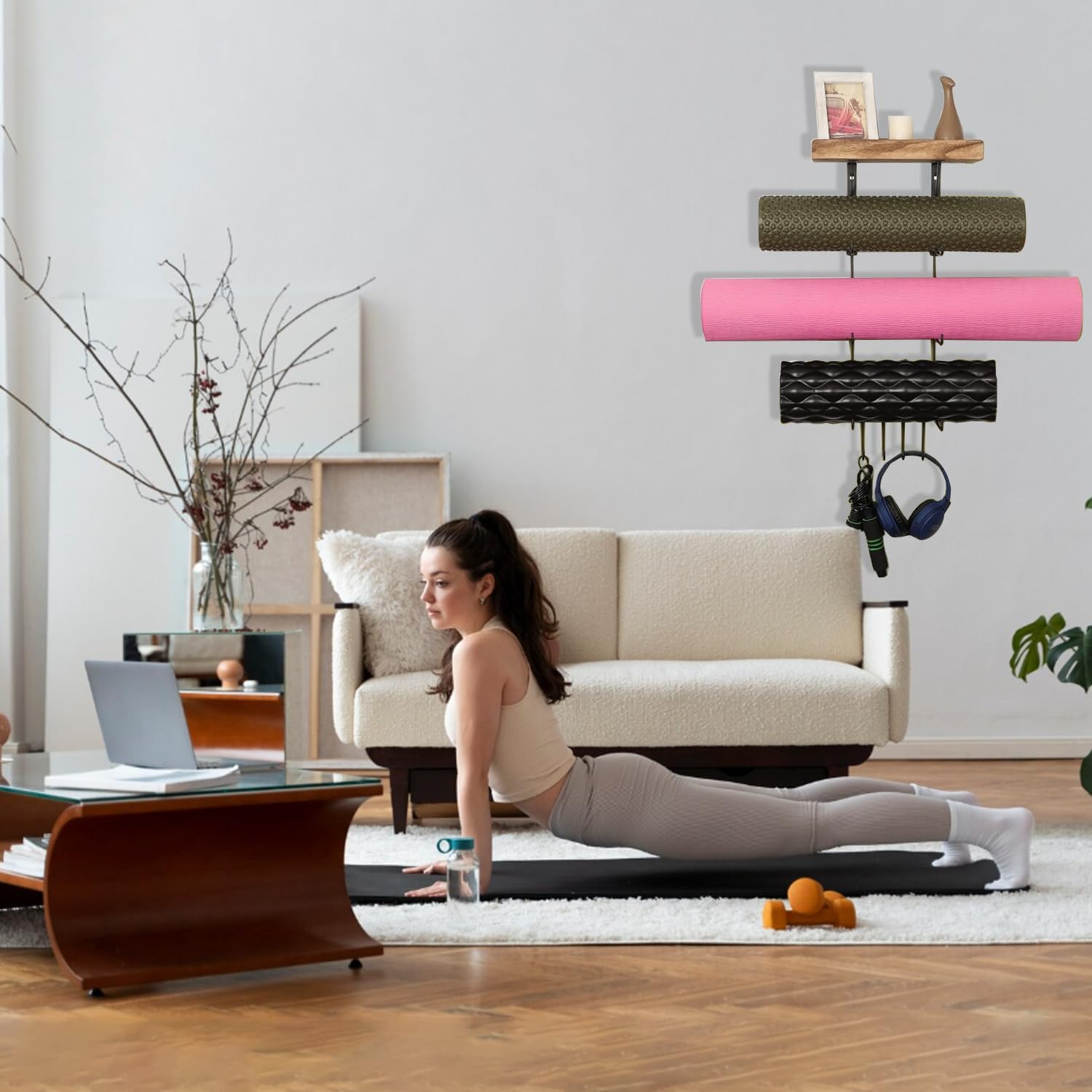 4-Tiers Wall-Mounted Yoga Mat Holder, All-In-One Organizer with Shelf & Hooks for Foam Roller, Resistance Bands | Carbonized Black image number 6