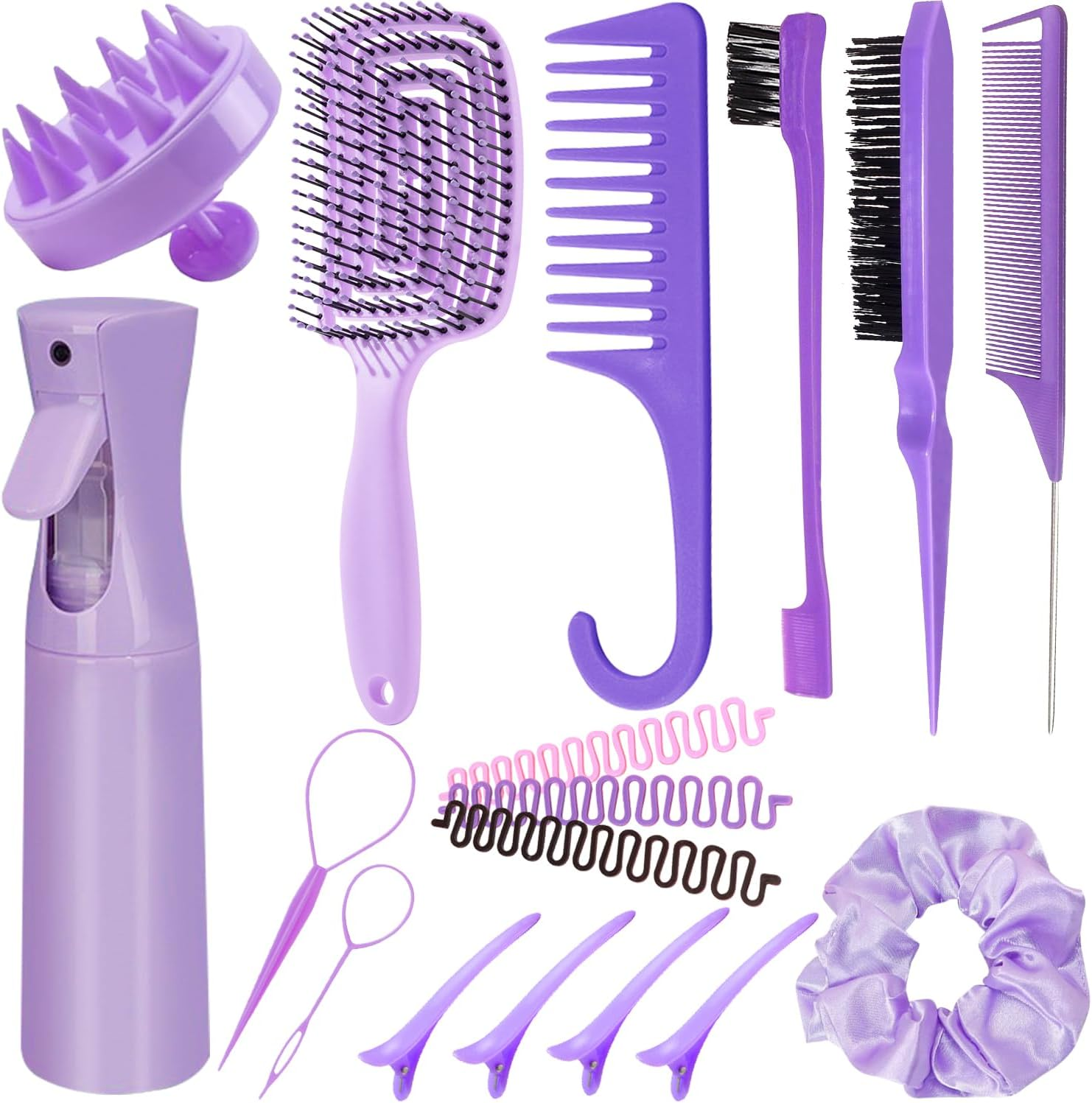 FOTN 17 Pcs Hair Brush and Comb Set for Women, Detangling, Styling, Edge Bristles, Wide Tooth Rat Tail, Spray Bottles, Topsy Hair Tail, Hair Braiding Kit for Girls (Purple) image number 1