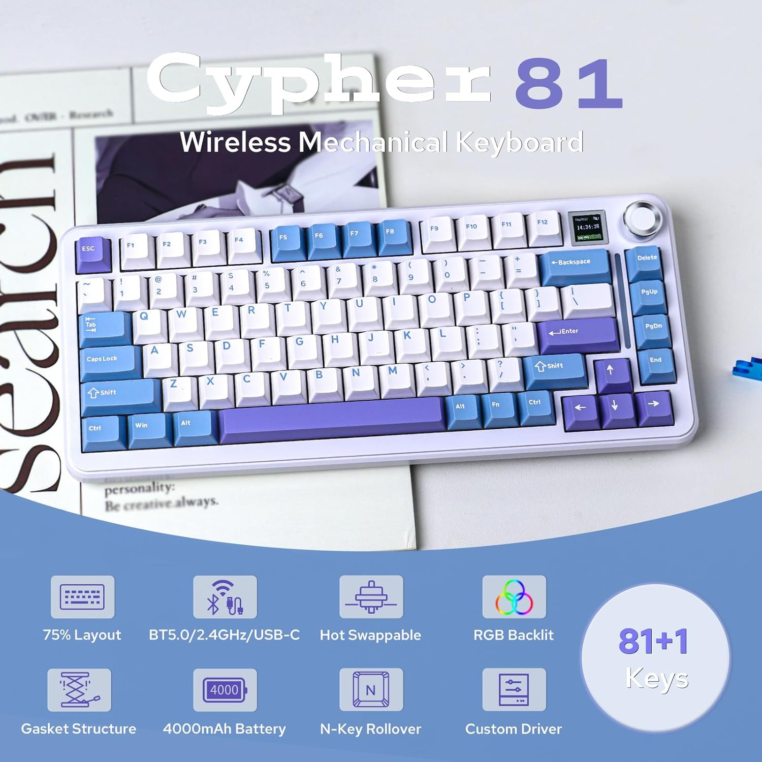 EPOMAKER Cypher81 75% Mechanical Keyboard with TFT Screen & Knob, Type-C/Bt/2.4G Wireless Gaming Keyboard, Cushioned Gasket-Mount Keyboard with RGB Backlight for Pc/Mac (Wisteria Linear Switch) image number 5