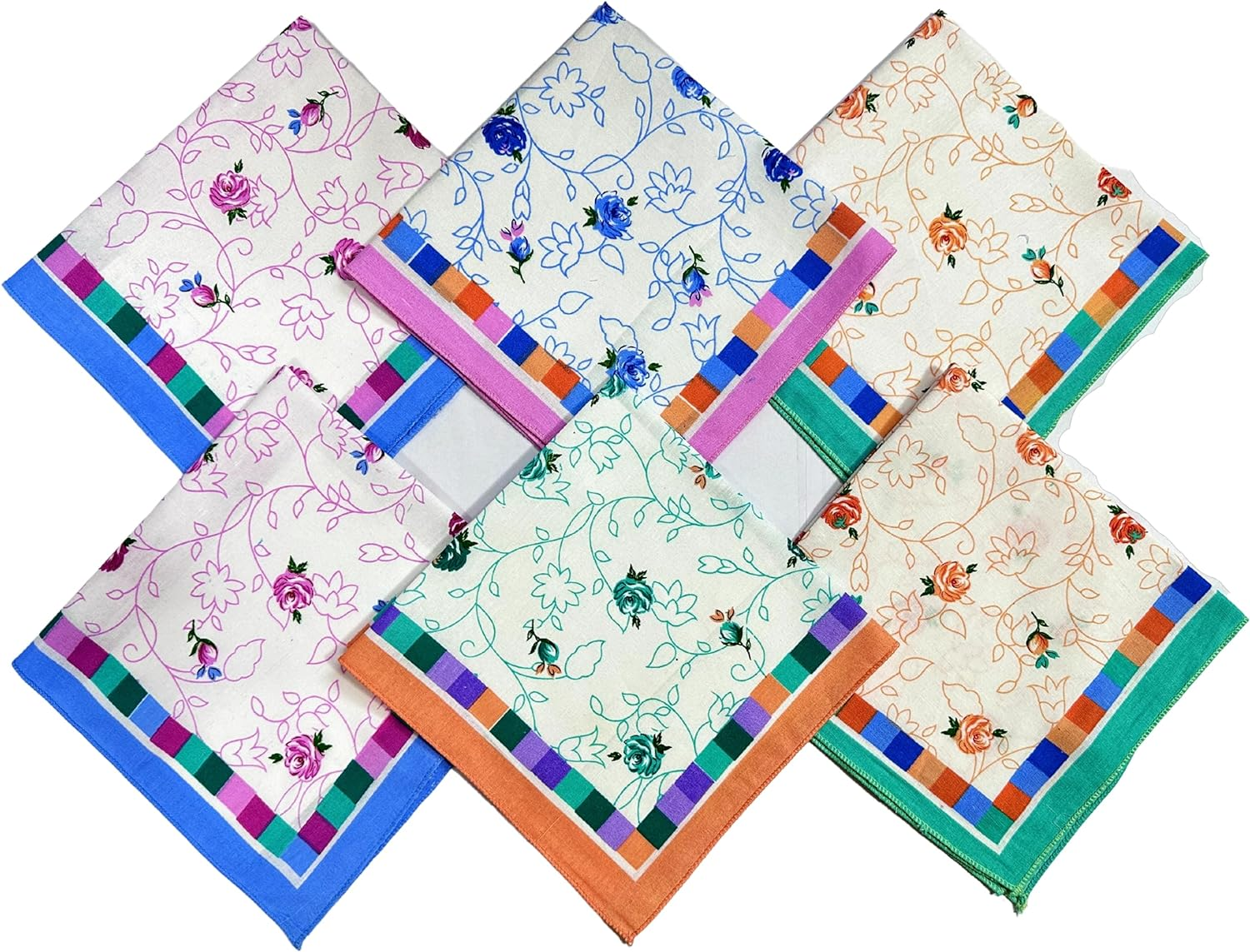 Royal Mart Premium Cotton Handkerchiefs - 13 * 13 Colorful Prints for Women/Girls (Pack of 06, Multicolor. Designs Will Vary as per Availability