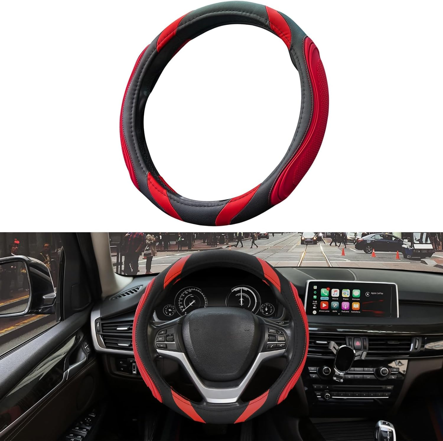 XCBYT Steering Wheel Cover - 14.5-15 Inch Car Microfiber Leather Steering Wheel Wrap Black Red Sports Fan Design Non-Slip for Man Women
