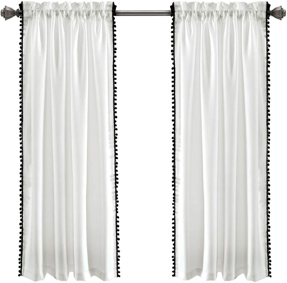 Lush Decor, Gray Pom Curtain | Textured, Solid Color Shabby Chic Style Window Panel for Living, Dining Room, Bedroom (Single), 84&rdquo; X 50 White, 84" X 50"