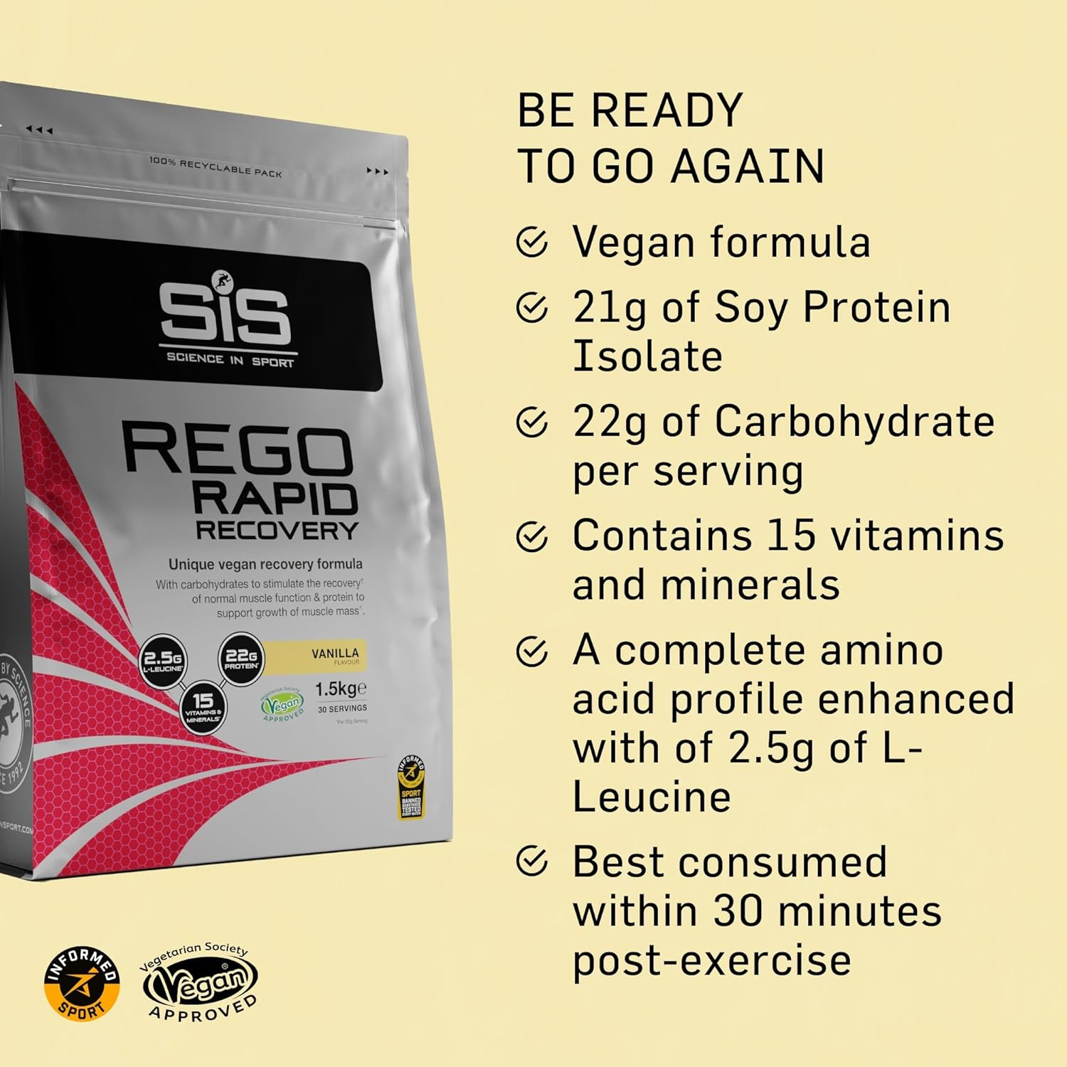 Science in Sport REGO Rapid Recovery Protein Powder | Vegan Protein Powder with Added L-Leucine, Vitamins and Minerals for Muscle Recovery | Vanilla, 30 Servings, 1.5Kg image number 2