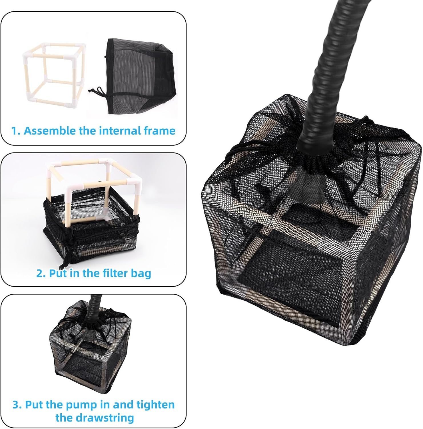 Pond Filtration Bags Set, 7In Nylon Pond Pump Filter Bag with Adapter Heads and Connecting Tubes for Waterfall Swimming Pool and Fountain image number 4