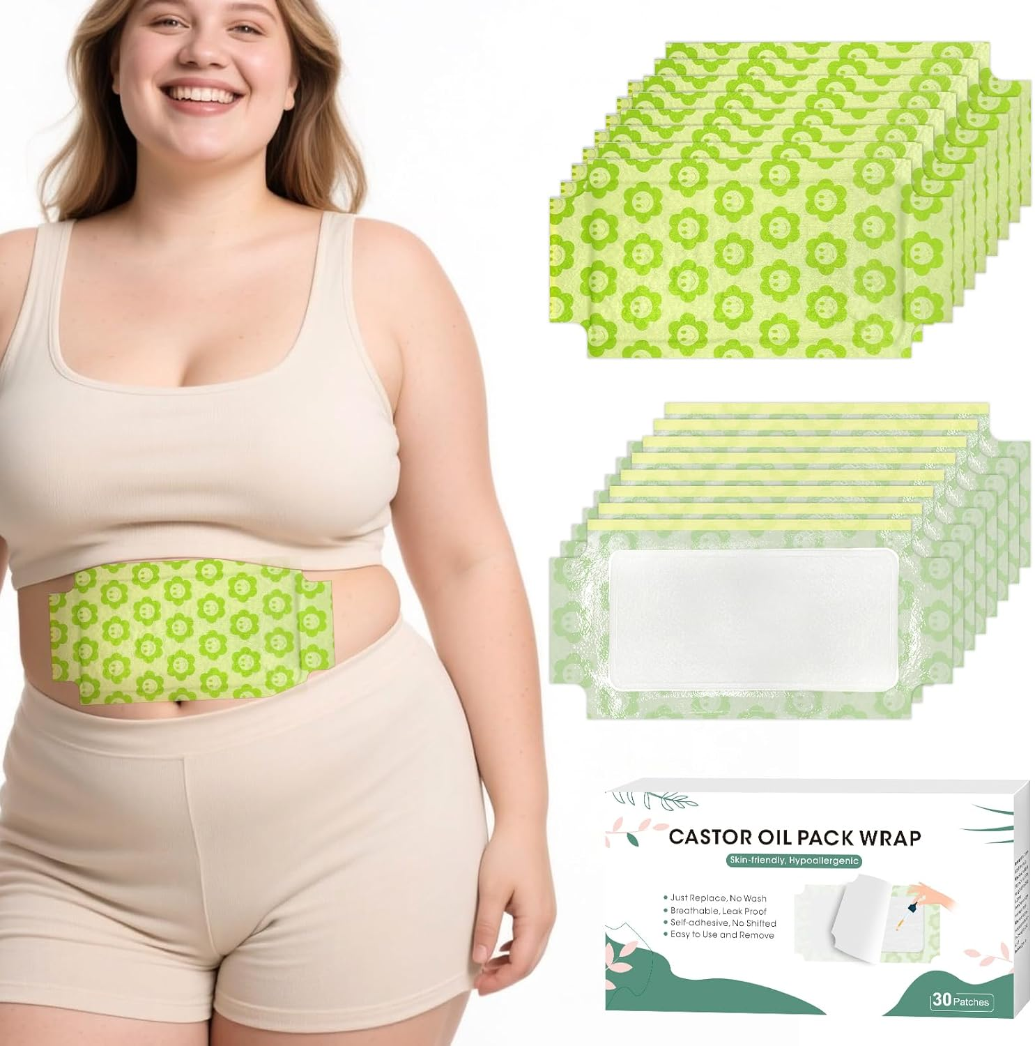 30 PCS Castor Oil Pack Wrap plus Size, Castor Oil Patches Self-Adhesive 11.8 * 6.3 in for Liver, Stomach, anti Leakage, No Wash, Portable for Women and Men image number 4