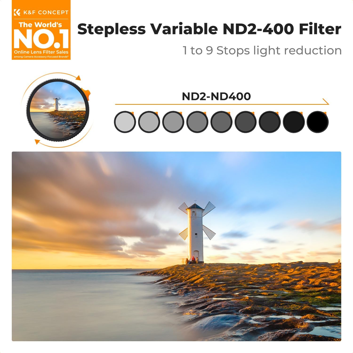 K&F CONCEPT 77Mm Ultra Low Reflectivity Variable ND Filter ND2-ND400 (1-9 Stops) 28 Multi-Layer Coatings AGC Glass Adjustable Neutral Density Camera Lens Filter (Nano-X) image number 2