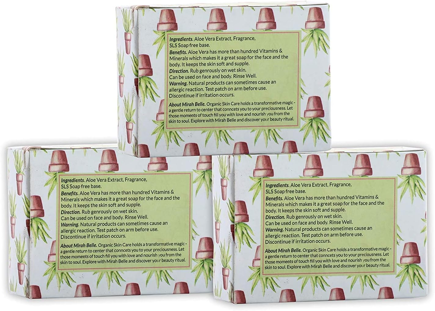 Mirah Belle - Organic Aloe Vera Nourishing Soap Bar (Pack of 3-125 Gm) - Acne and Infection Prone, Dehydrated Skin. SLS, Paraben, Gmo-Free, 375 Gm