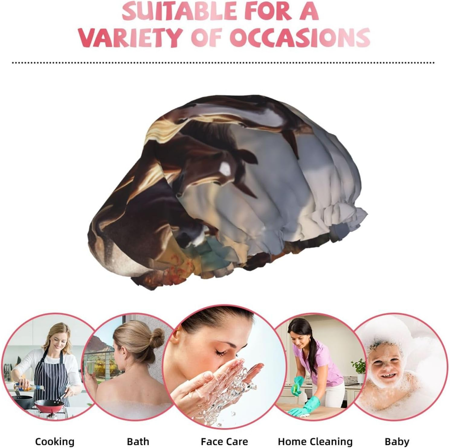 Reusable Shower Cap for Women Men Large Waterproof Shower Bonnet Washable Bath Cap Horses Hair Hat Elastic Band Double Layered Shower Hat for Long Hair, Braids image number 1