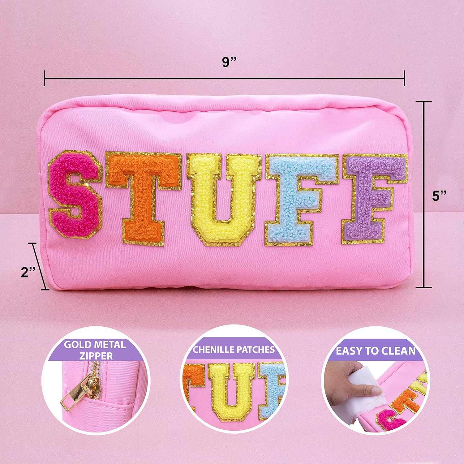 Fablinks Pink Nylon Cosmetic Bag with Chenille Letter Patches, Pink, 9-Inch, Stuff-Pink image number 1