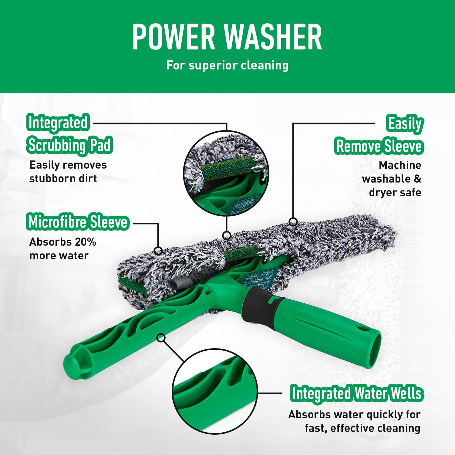 UNGER AK013 Window Cleaning Kit 3-In1 Starter Set - Window Squeegee, Microfibre Power Washer with T-Bar Handle, 18L Cleaning Bucket - Professional Window Cleaner Equipment, Green