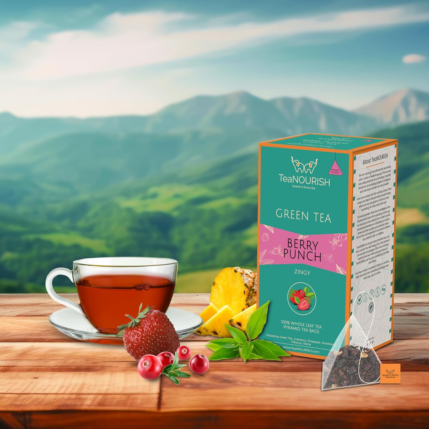 Teanourish Berry Punch Green Tea | 20 Count Pyramid Tea Bags | Zingy & Refreshing | Darjeeling Whole Leaves | 100% Natural Fresh Berries & Hibiscus Flower image number 6