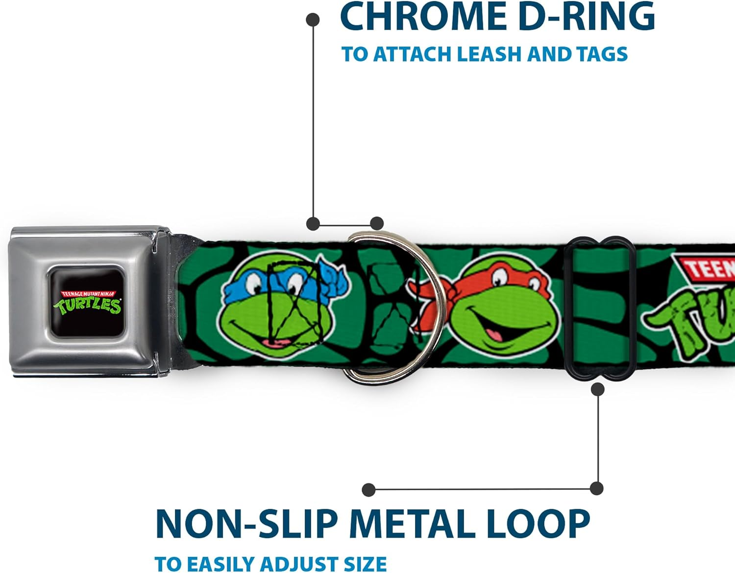 Buckle-Down Seatbelt Buckle Dog Collar - Classic TMNT Turtle Faces Black/Green Turtle Shell - 1" Wide - Fits 15-26" Neck - Large image number 2