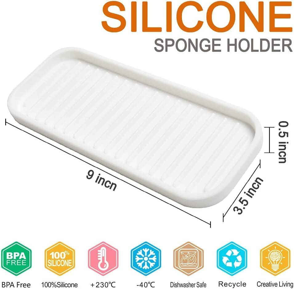 2 Pack Silicone Sponge Holder, Kitchen Soap Tray, Dish Caddy, Heat Resistant, Quick Dry, Multi-Functional, White, Rectangular, Silicone