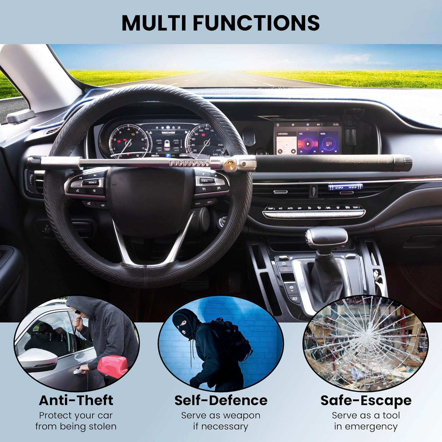 4-In-1 Steering Wheel Lock with Flashlight/Sos LED Ligth,Seat Belt Cutter,Escape Hammer,2 Keys Retractable Steering Lock,Vehicle Anti-Theft Lock，Universal for Auto/Truck/Suv/Van Black image number 1