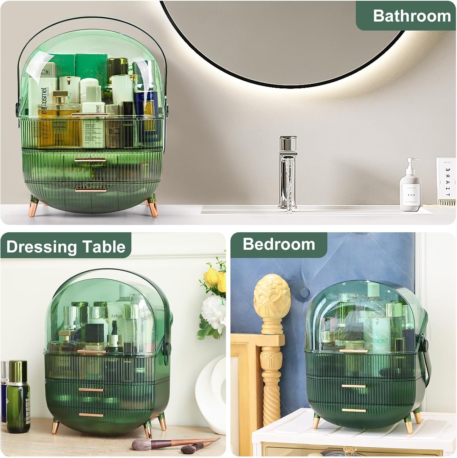 Makeup Organiser Storage Box, Cosmetics Display Case with Cover, Dust Proof Waterproof Cosmetics Storage Box Suitable for Bathroom Countertop and Bedroom Vanity Dresser (Retro Green) image number 3