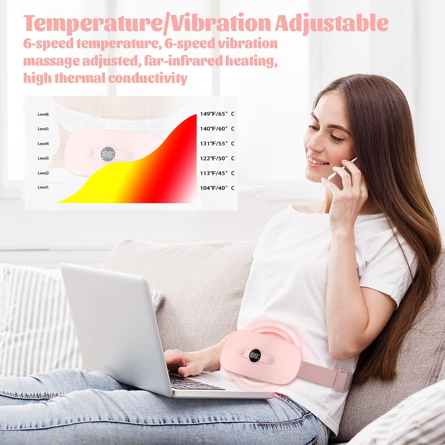 Portable Cordless Heating Pad，Period Heating Pads for Cramps with 6 Heat Levels and 6 Massage Modes，Back or Belly Heating Pad for Women and Girl (Pink)