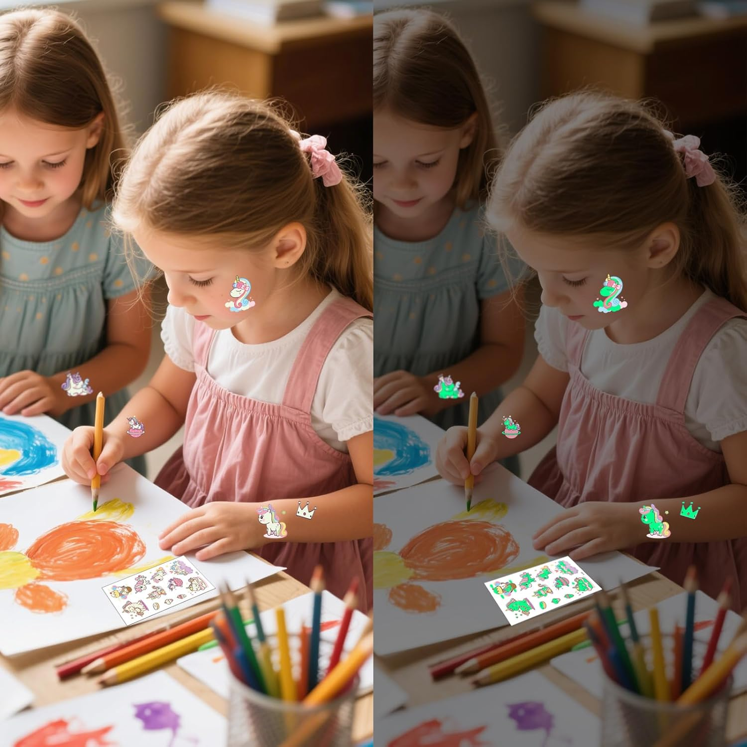20 Sheets Luminous Temporary Tattoos Kids, Unicorn & Dino Themes Glow Temporary Tattoos Stickers for Girls Boys, Glow Party Supplies Gifts (Unicorn) - Unicorn image number 4