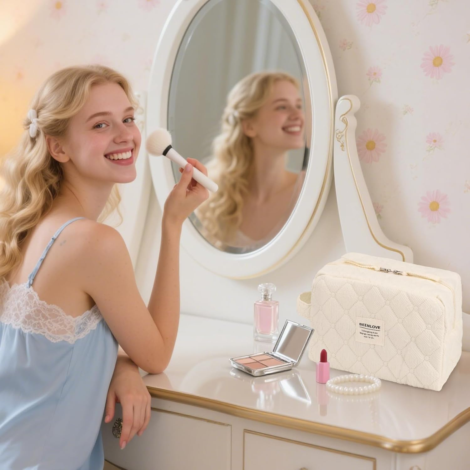 Makeup Bag, Quilted Make up Bag with Handle & Zipper, Lightweight Cosmetic Bag for Women Travel Toiletry Skin Care (Beige) image number 1