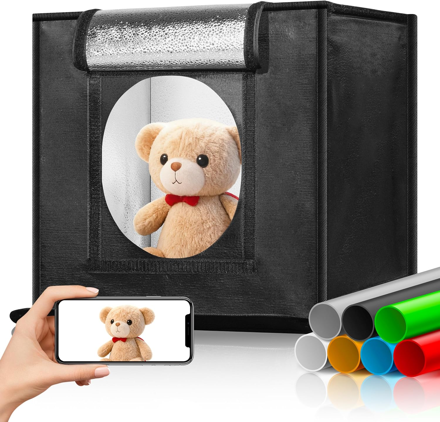 Aiiyiihii 40X40 Cm Portable Folding Photo Studio Light Box, with Ring Colour Changing Light, Professional Photography Dimmable Shooting Tent Kit with 120 Leds & 6 Kinds Double-Sided Color Backgrounds image number 6