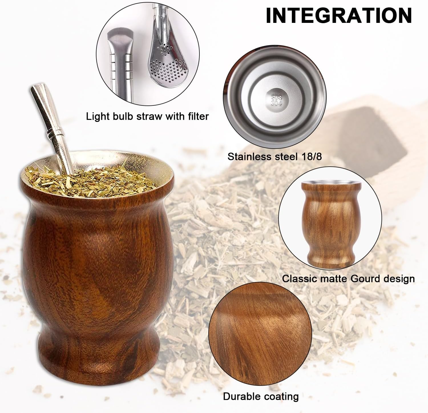 Yerba Mate Gourd Set, 8 Oz Stainless Steel Double Wall Yerba Mate Gourd Cup, Yerba Mate Tea Set for Mate Tea, Coffe, Drinks (Wood Color)