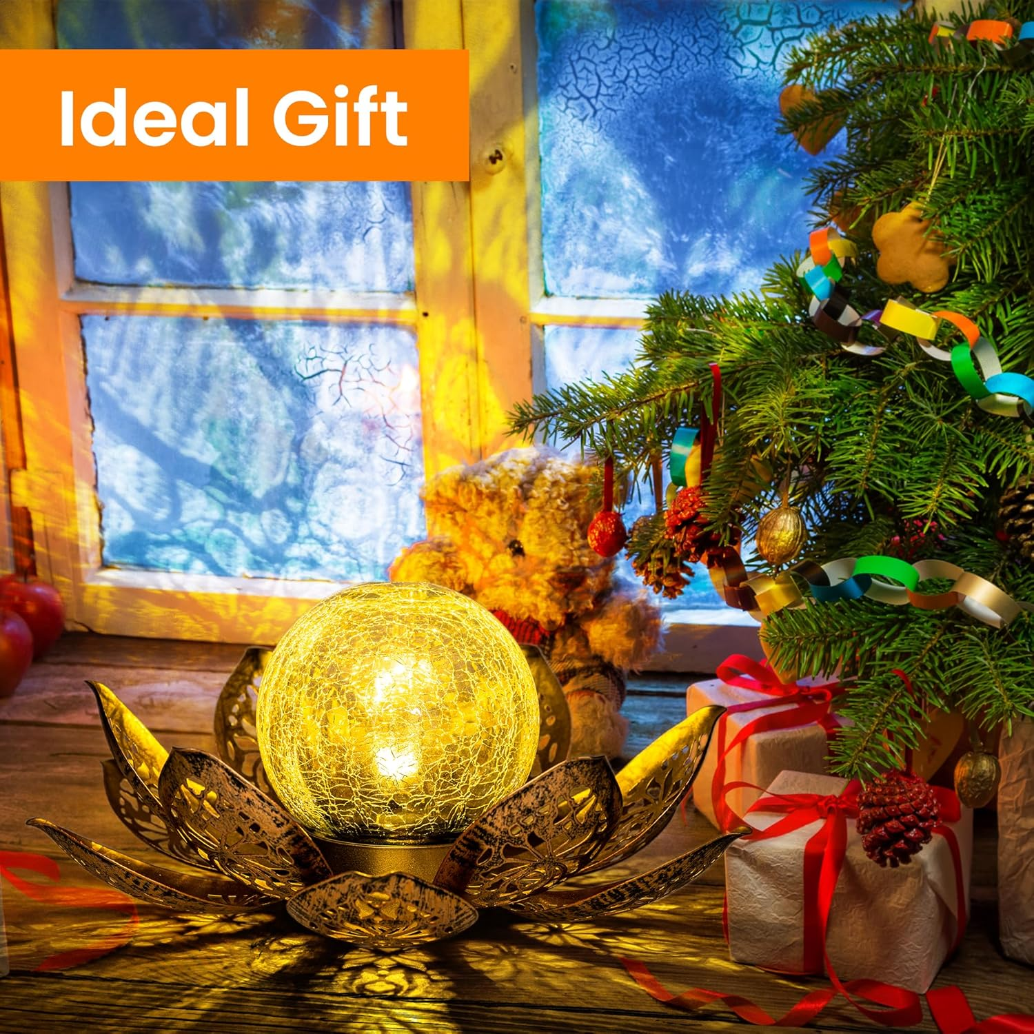 PATIOPIA Solar Lights Outdoor Garden Decor, Adjustable Metal Petal Lotus Flower Lights Crackle Globe Glass Lantern Outdoor Table Decor Waterproof for Patio, Lawn, Pathway, Pond Gift image number 3