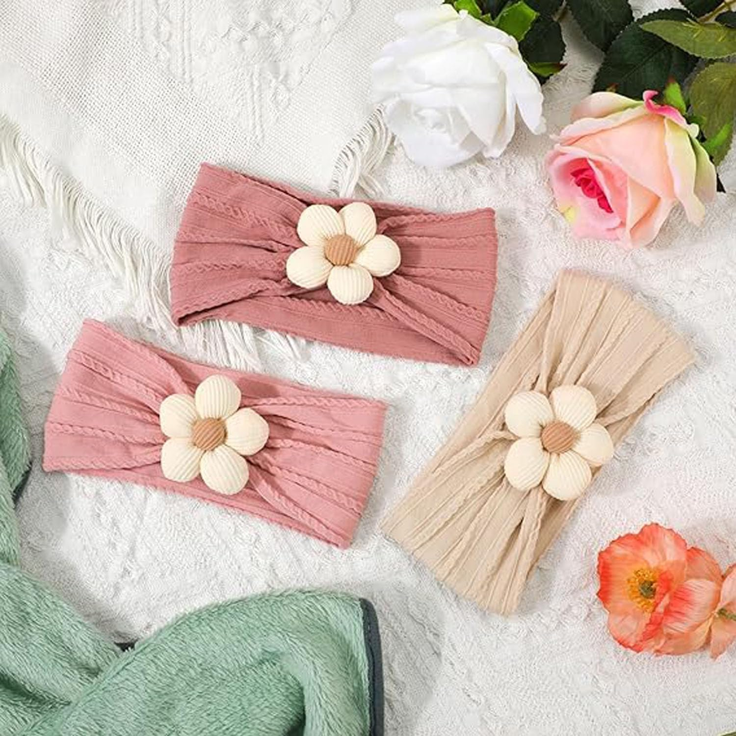 3 Pcs Baby Girls Nylon Headbands Baby Flower Headbands Soft Hairbands Hair Accessories for Newborn Infant Toddler Kids,Soft Stretchy Handmade,Baby Turban Headband Head Wrap Knotted Hair Band image number 4