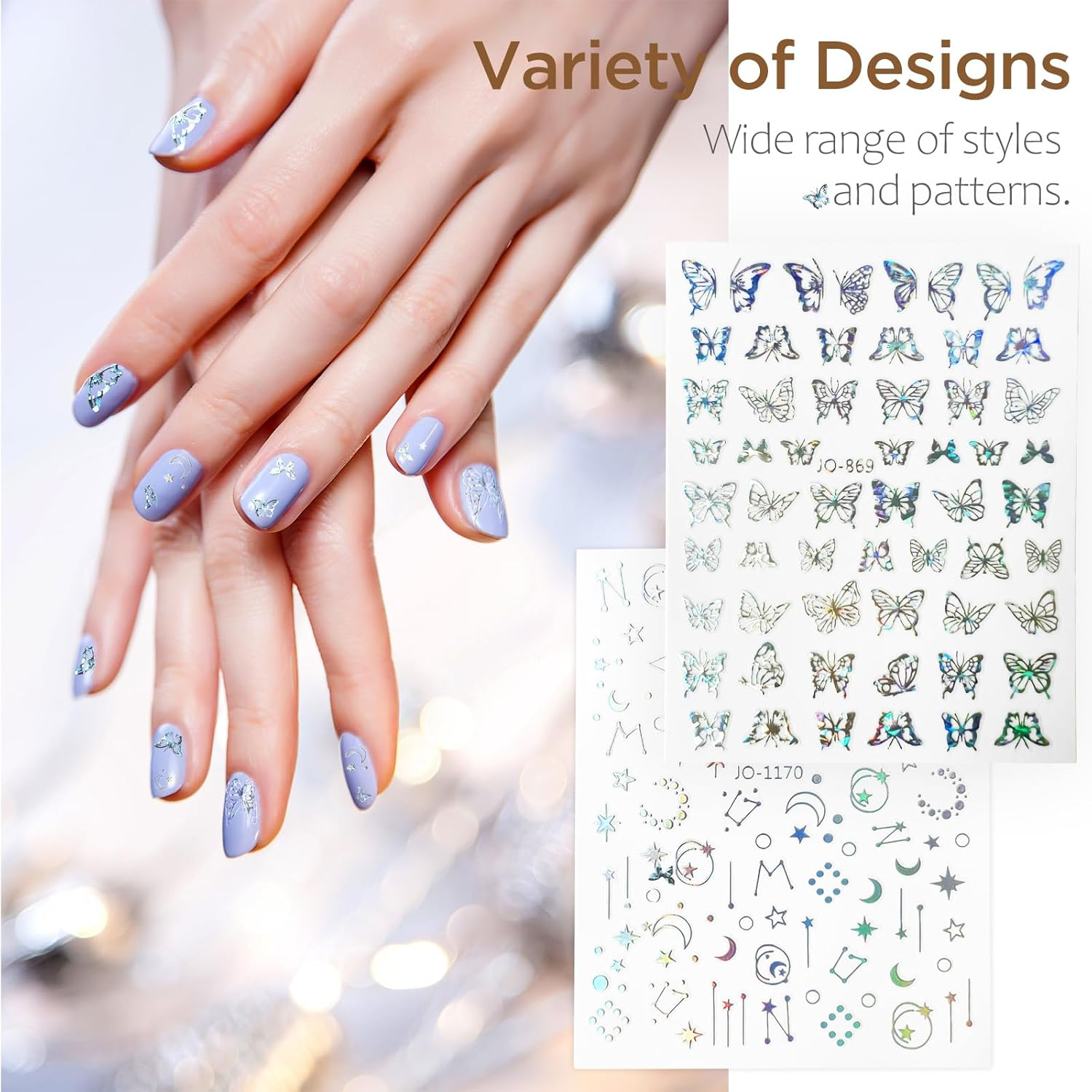Bigqin 12 Sheets Nail Stickers 3D Aurora Silver Star Moon Planet Heart Nail Decor Water Resistant,Self Adhesive Nail Decals for Women Girl DIY Nail Design, Tweezers and Nail File Included image number 4