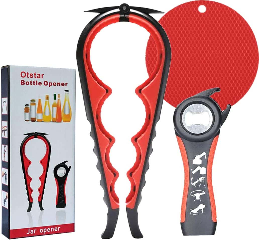Jar Bottle Opener Non Slip Jar Gripper - Pad Rubber Jar Can Lid Opener,Bottle Opener Kit Can Opener with Non Slip Gripper Pad,5 in 1 Multi Function Non-Slip Opener for Weak,Senior, Arthritis Hands