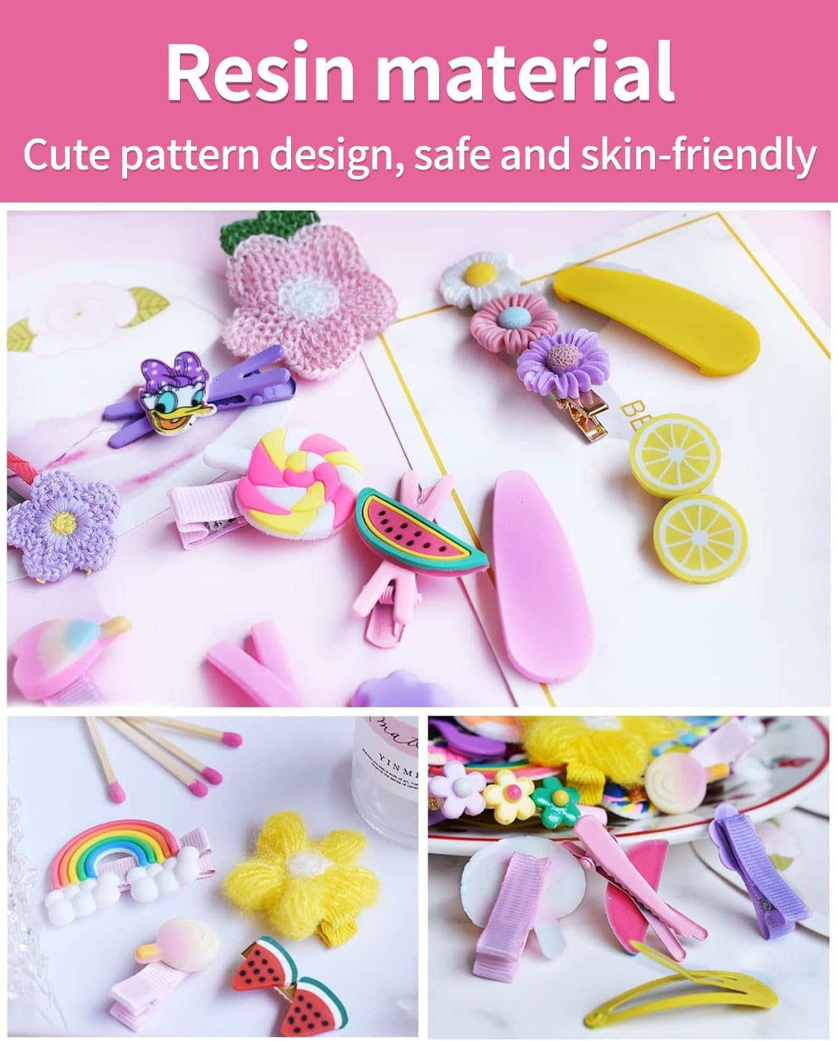 BPTRKOM 42 Pieces Hair Pins - Girls Baby Girl Rainbow Clips Hair Pins Hair Pin Accessories with Multicoloured Flower and Fruit Motifs for Girls Children as Birthday Gift (Pink+Yellow+Purple) image number 3