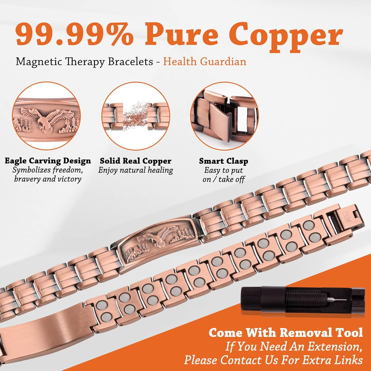 Feraco Lymph Detox Magnetic Bracelet Lymph Drainage Pure Copper Bracelet for Men with Ultra Strength Therapy Magnets for Arthritis Pain & Carpal Tunnel Healing Eagle Pattern Adjustable