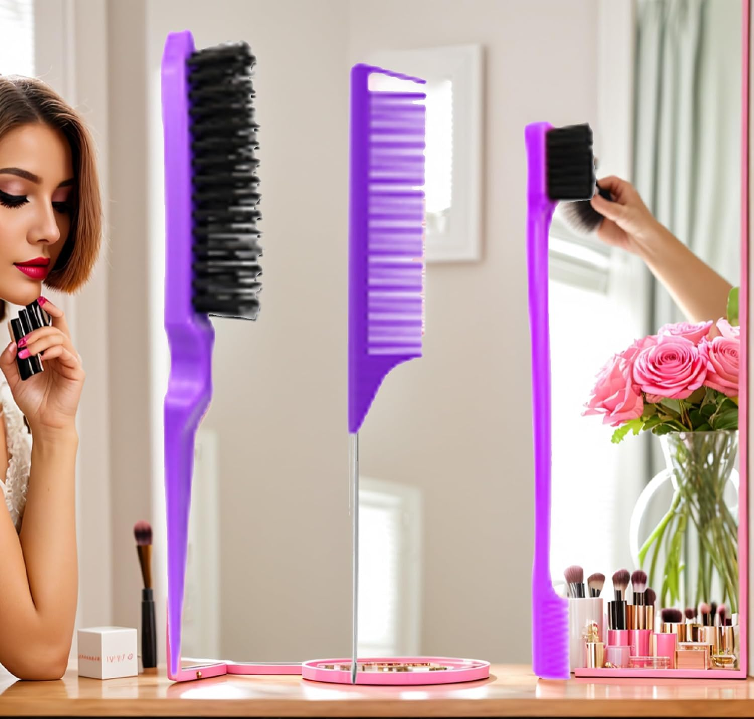 Slick Back Hair Brush, Comb Set, Purple Comb,3 Pcs，Slick Back Brush with Edge Brush, Styling Comb for Kids for Middle Part，Rat Tail Comb, Teasing Brush Set for Smoothing Brush Baby Hair image number 5