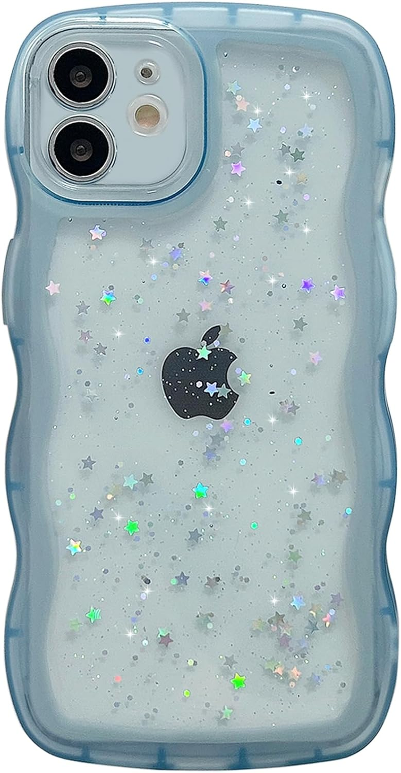 Qokey for Iphone 13 Mini Case 5.4" Curly Wave Edge Design Transparent Bling Glitter Star Shiny Cute Clear Transparent Full Protection Soft TPU Shockproof Phone Cover for Women Girls,Pink
